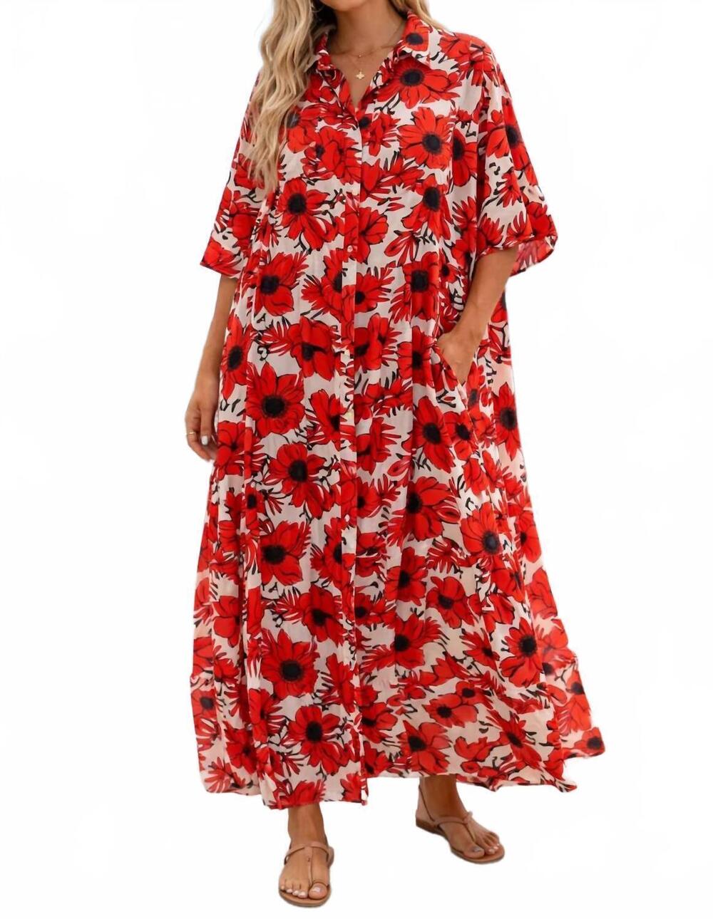 NEW BEFORE YOU COLLECTION california poppy maxi shirt dress in red